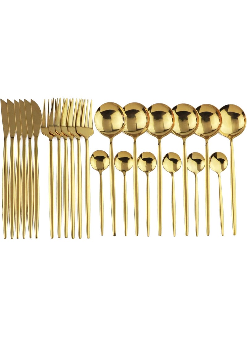 24-Piece Flatware Set, 18/0 Stainless Steel Knife Fork Spoon Teaspoon Silverware Set, Service for 6, MIrror Gold - Image 1